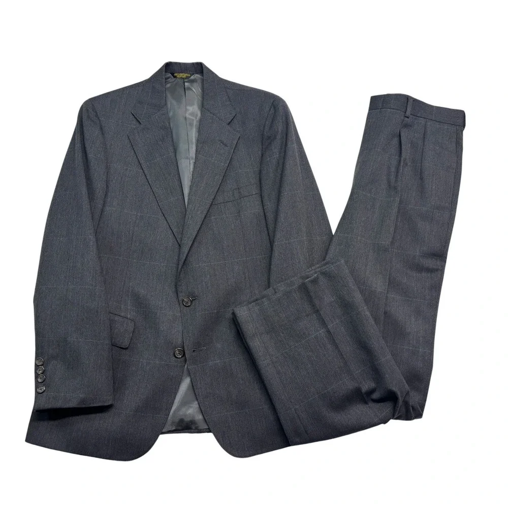 vtg 90s USA Made 38R 32x30 Gray Herringbone Stripe 2pc Pant Suit Wool Wide Leg